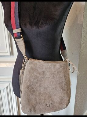 Margot Taupe Suede Crossbody Bag with Striped Strap